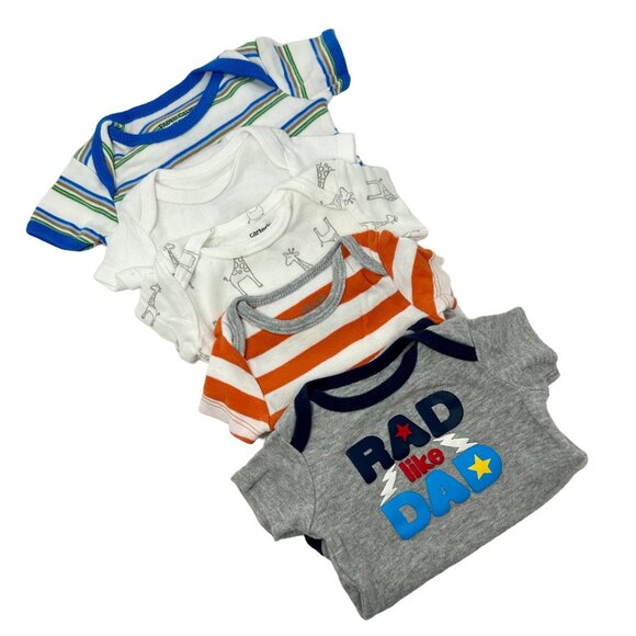 Baby Boy's  - 5 Body Suits‎ - White, Greys, Blues, and Orange  - Size Newborn - Picture 1 of 9